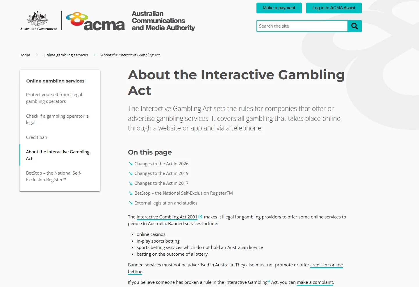 Australian gambling regulator information page.
