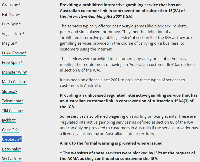 ACMA website-blocking notice naming Cleobetra.