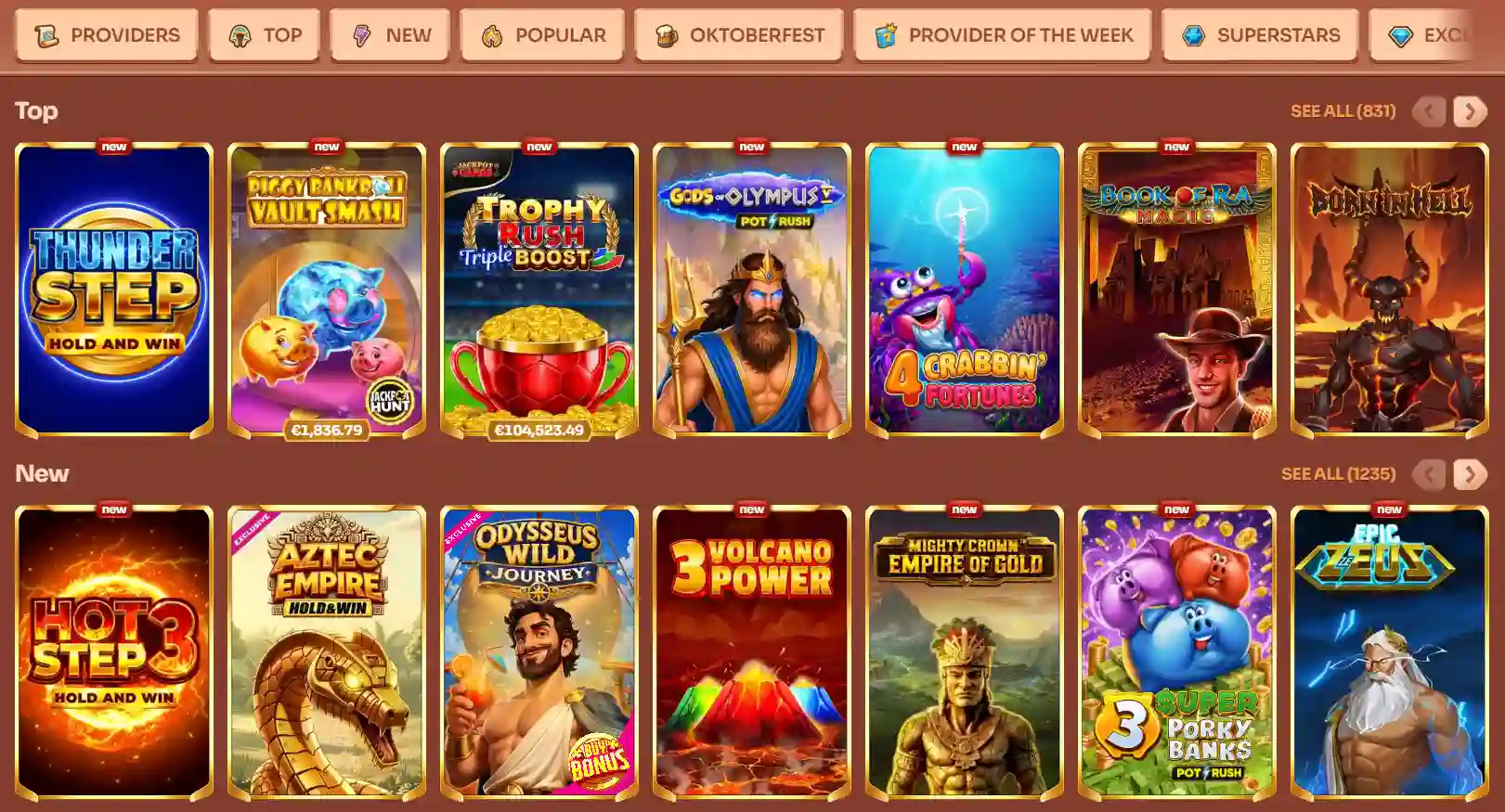 Casino lobby with several game categories.