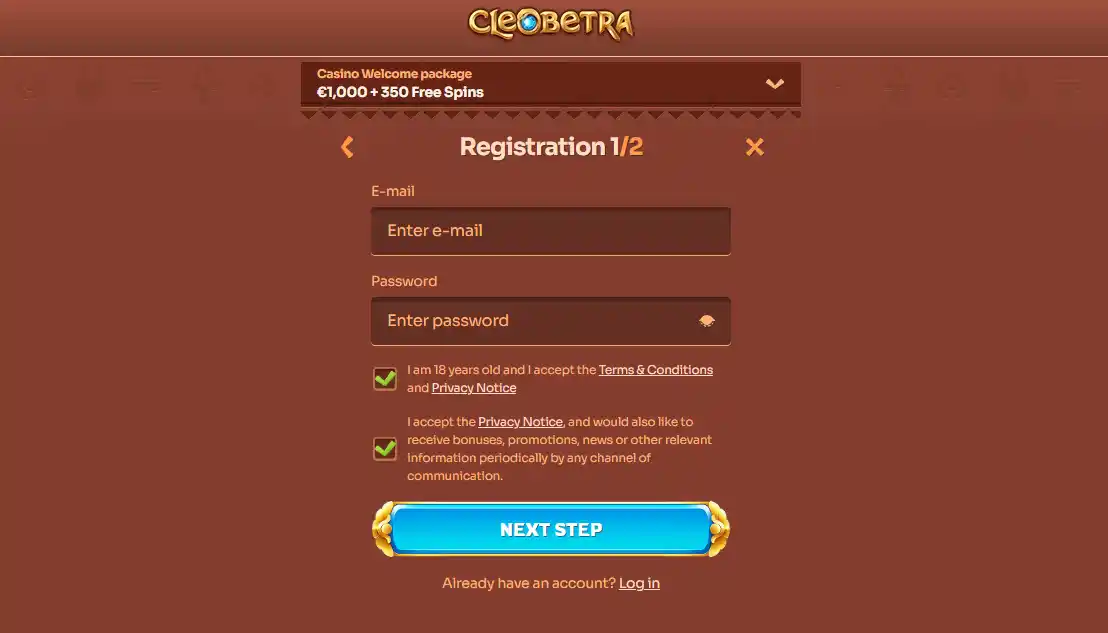 Casino registration and account controls.