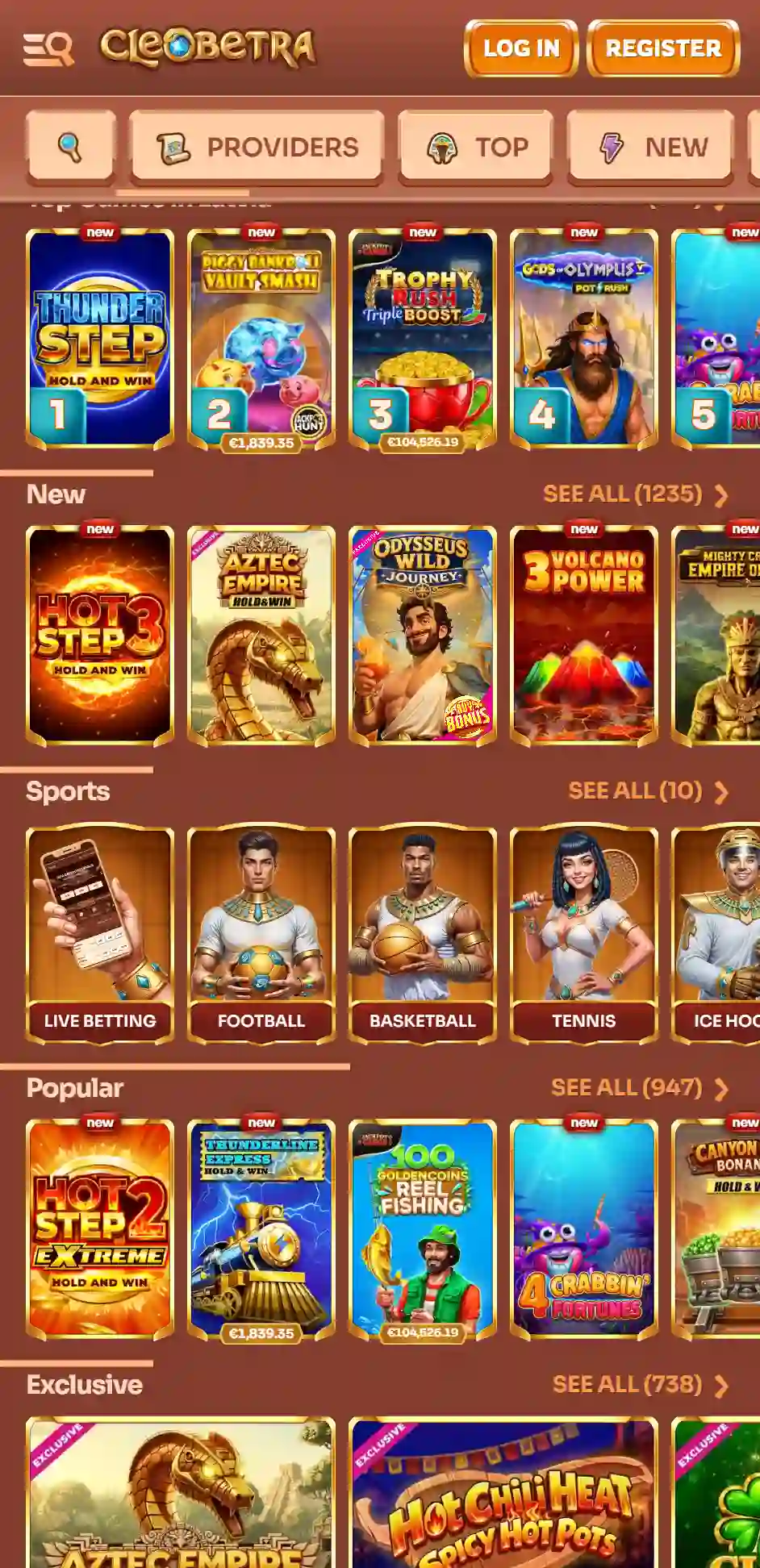 Casino layout displayed in a mobile browser.