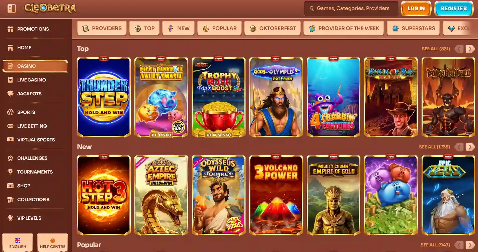 Cleobetra's public casino interface and product navigation.